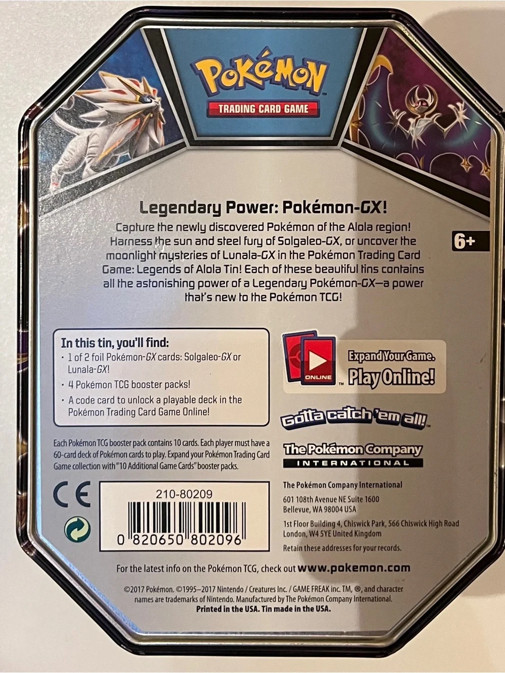 Pokemon Trading Card Game Tin Legend of Alola Solgaleo GX Empty No Cards 2017